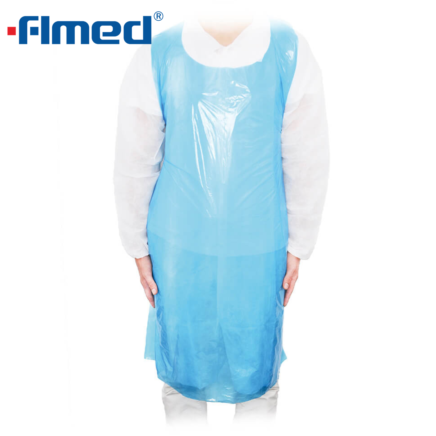 Avental de PE azul branco de plástico descartável médico